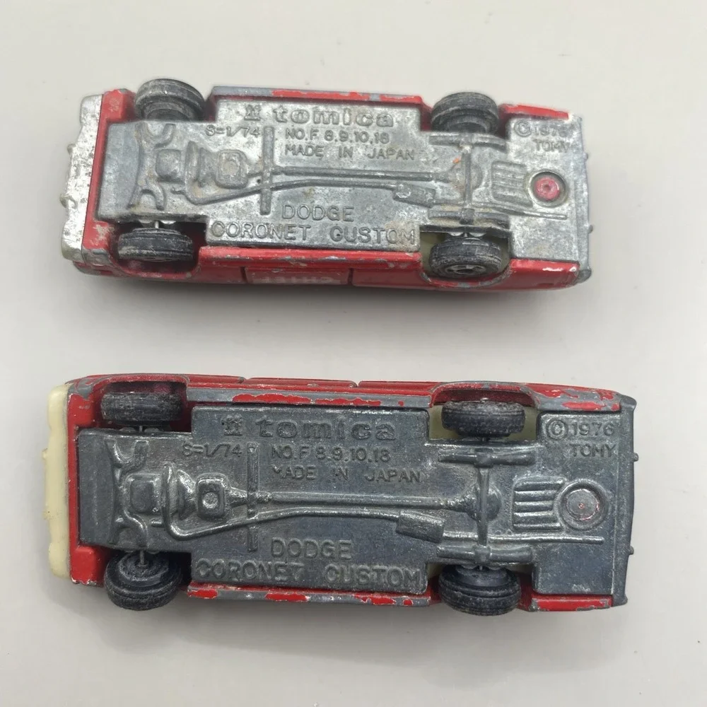 Set Lot of 2 Vintage Tomy Tomica Dodge Coronet Custom Fire Chief Red Die Cast‎